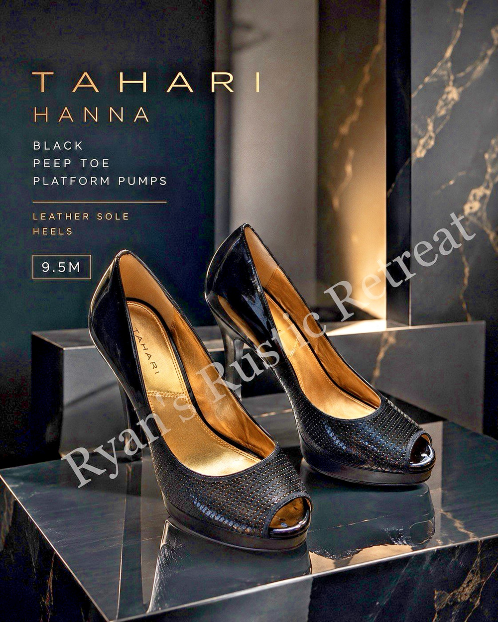 Tahari Hanna Black Peep Toe Platform Pumps Leather Sole Heels 9.5M. DK